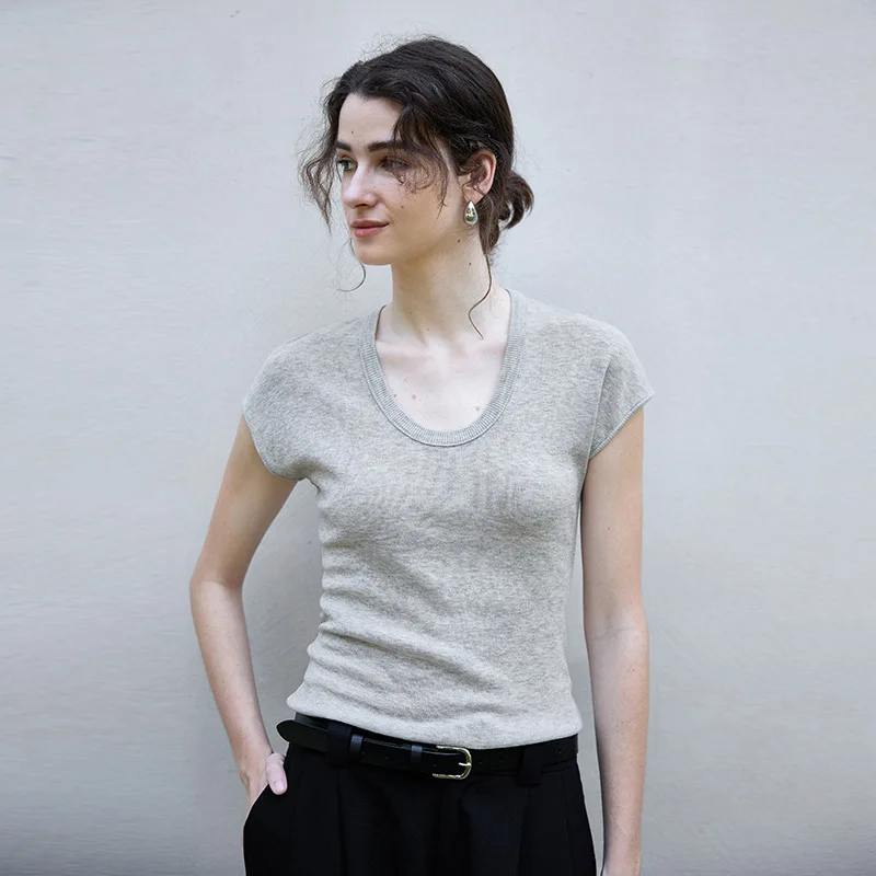

25 New Round Neck Knitted Slim Fit Short Sleeve Women's High-End Basic T- Tencel Linen Solid Color T-Shirt