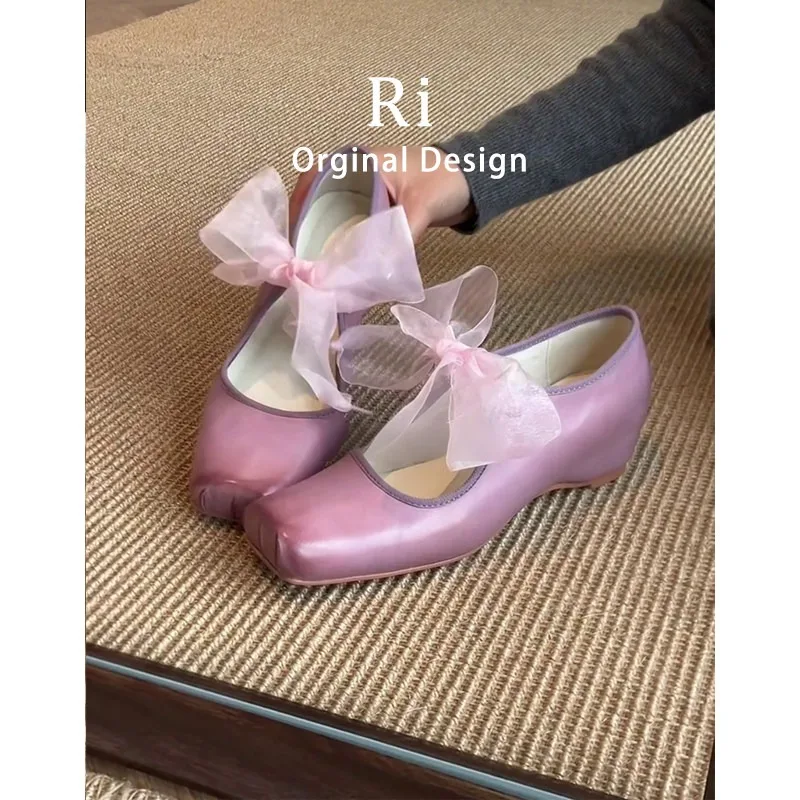 2026Retro Washed Genuine LeatherJanes Square Head Women's Shoes New Butterfly Knot Ballet Shoes in Beige And Pink Noses
