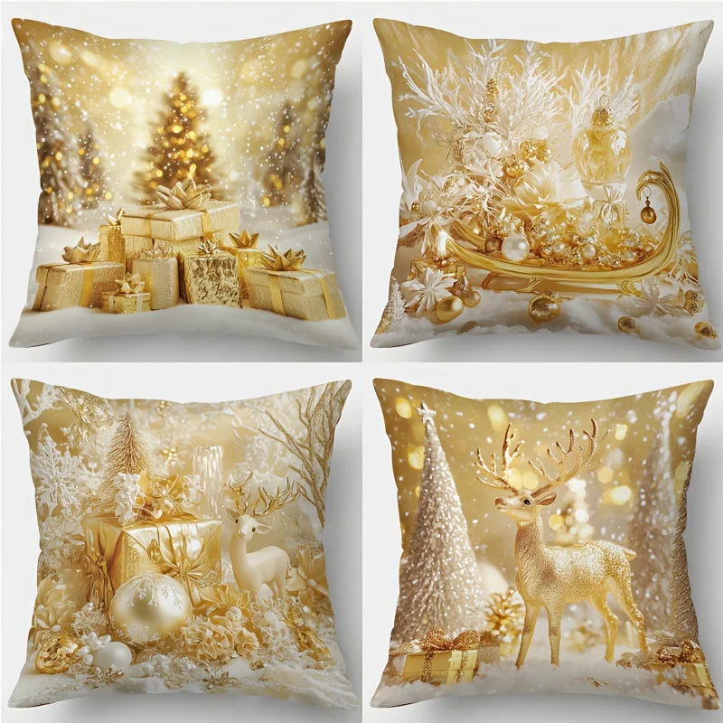 Luxury Golden White Christmas Pillowcases 4pcs, Golden Tree Sleigh Reindeer Print, Zippered Machine Washable for Bed Sofa
