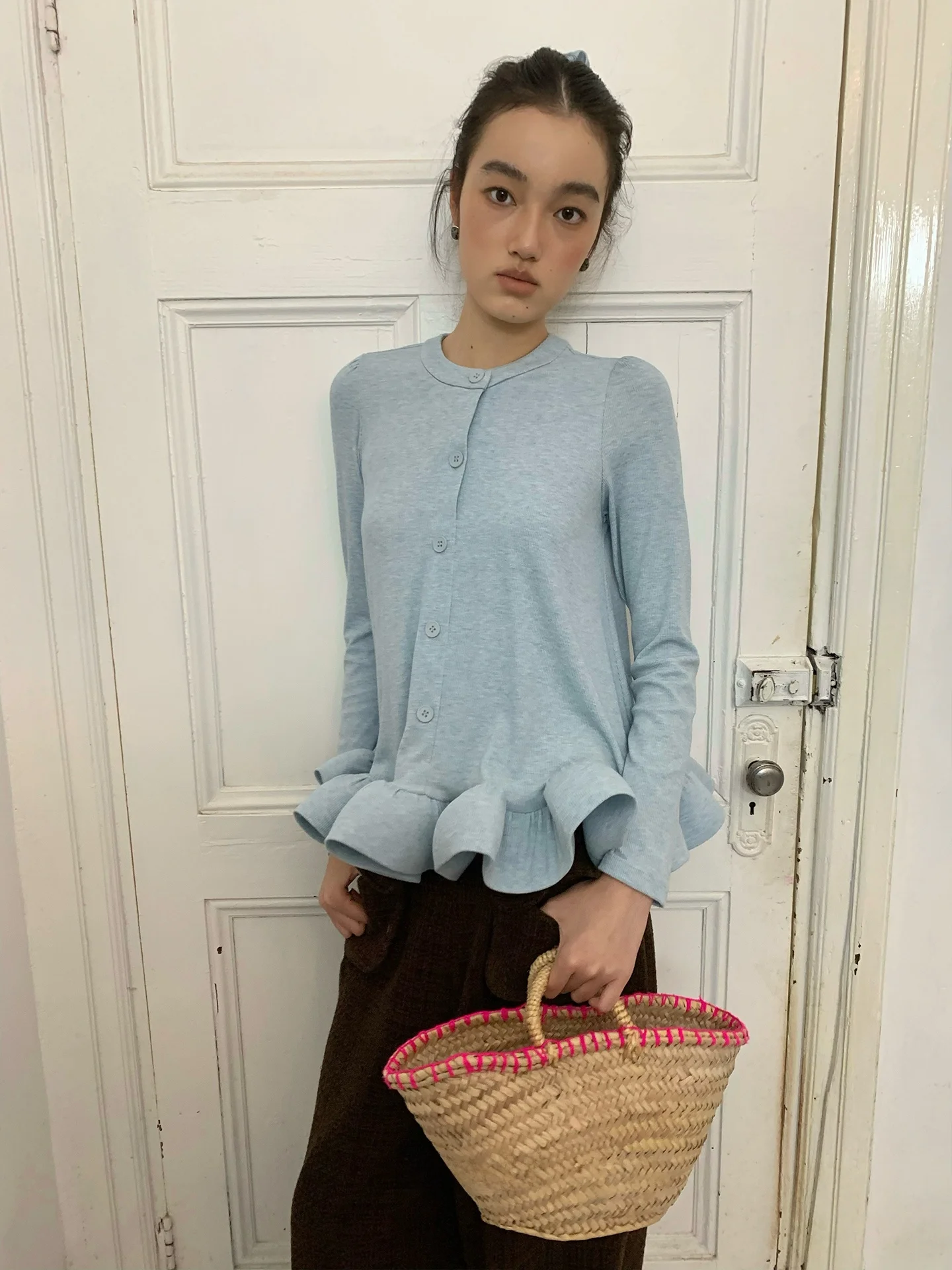 

Женский вязаный топ Spoii Salt Blue с воротником-хенли, приталенный, с длинными рукавами, из смесового полиэстера и хлопка