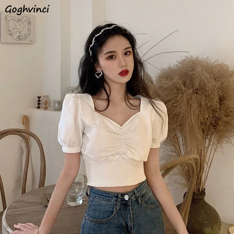 Blouse Women Slim Elegant Sweet Basic Solid Puff Sleeve Square Collar Shirring Leisure Harajuku Popular Teens Preppy Style Cozy