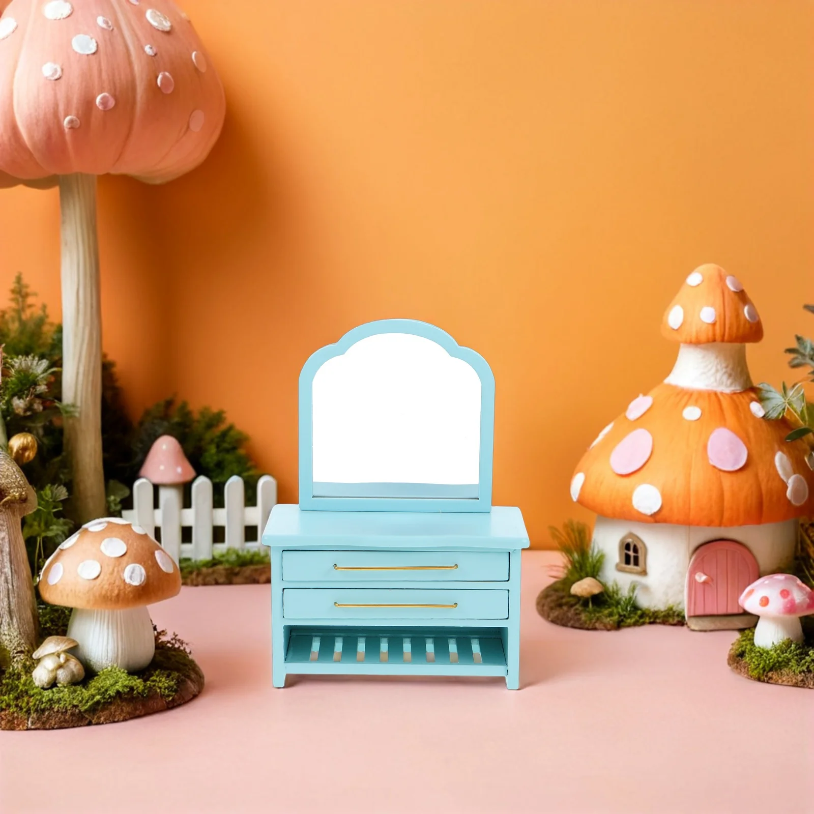 

Miniature Blue Bathroom Cabinet Mirror Dollhouse Vanity Table Mini Wood Cabinet Dollhouse Bathroom Accessories
