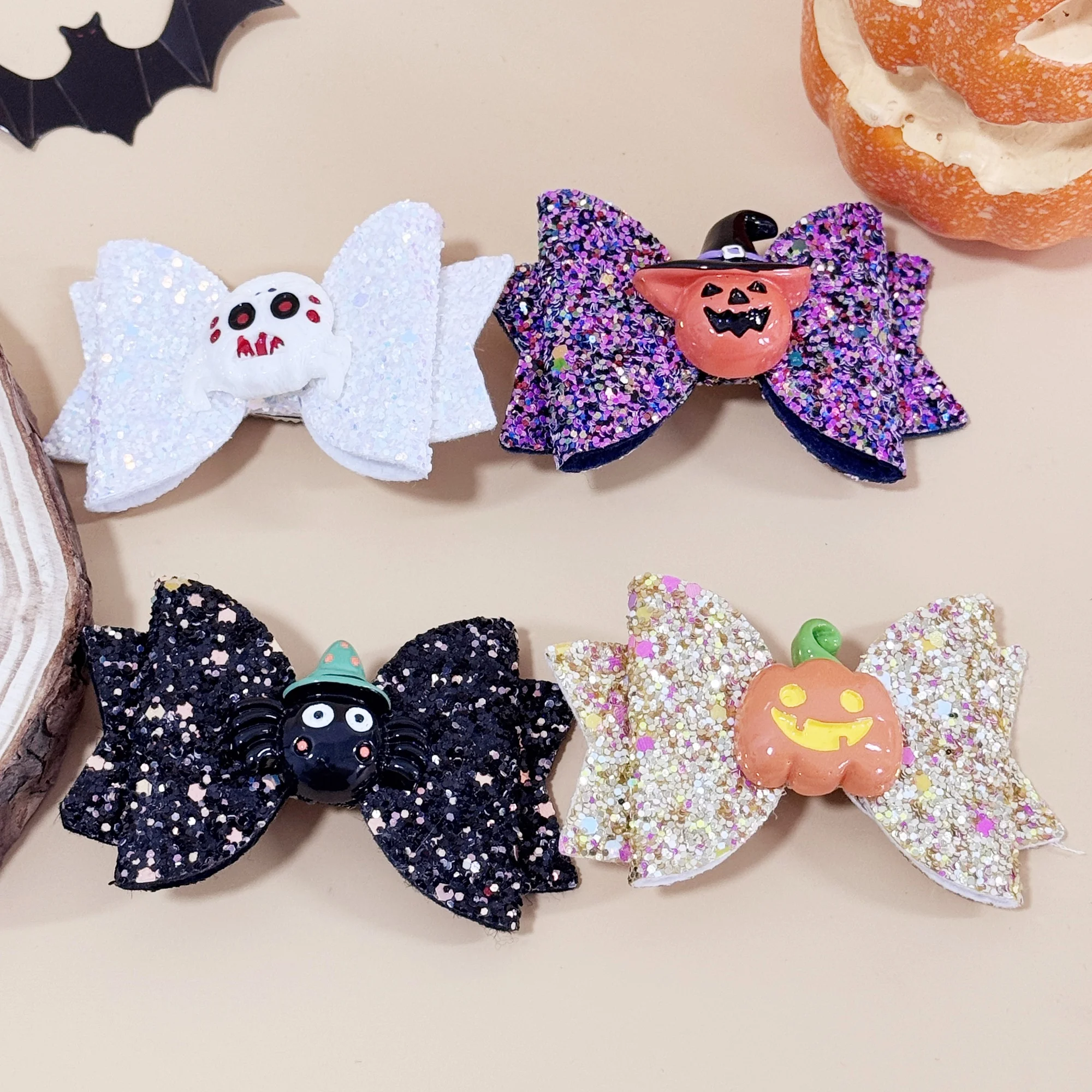 4 Stück Halloween Stern Haarschleifen mit Clips Mädchen Kürbis Teufel Haarnadeln Haarspangen Clips Kinder Halloween Party Haarschmuck