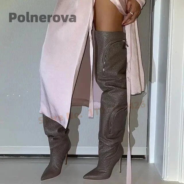 Pocket Lichee Pattern Leather Long Boots Women Pointy Toe Thin High Heels Over The Knee Boots Lady Fashion Sexy Party Shoes