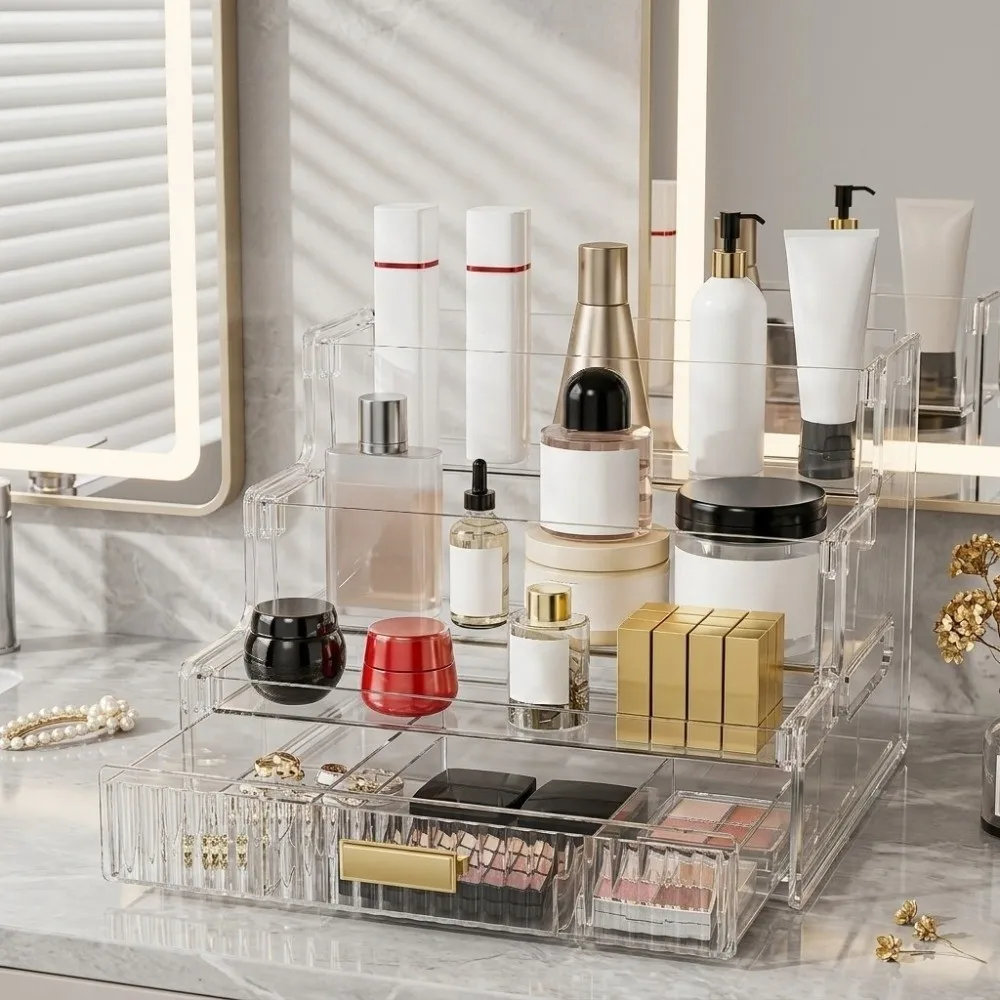 Clear Mini Figures Display Holder PET 3/4 Layers Jewelry Cosmetic Storage Tray with A Drawer Durable Space Save