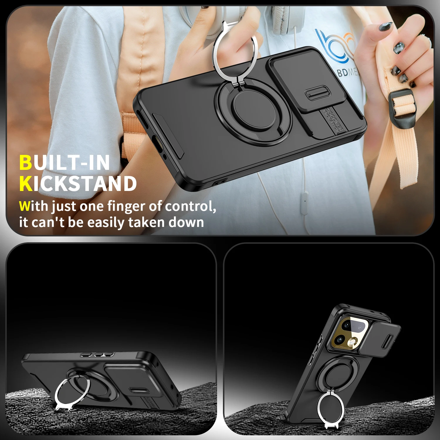 Magnetyczne etui z pierścieniem i podstawką do Realme 16 Pro Plus, z przesuwaną osłoną na obiektyw aparatu, ramka TPU, plastikowa, odporna na wstrząsy obudowa, fundas. — zdjęcie produktu 6