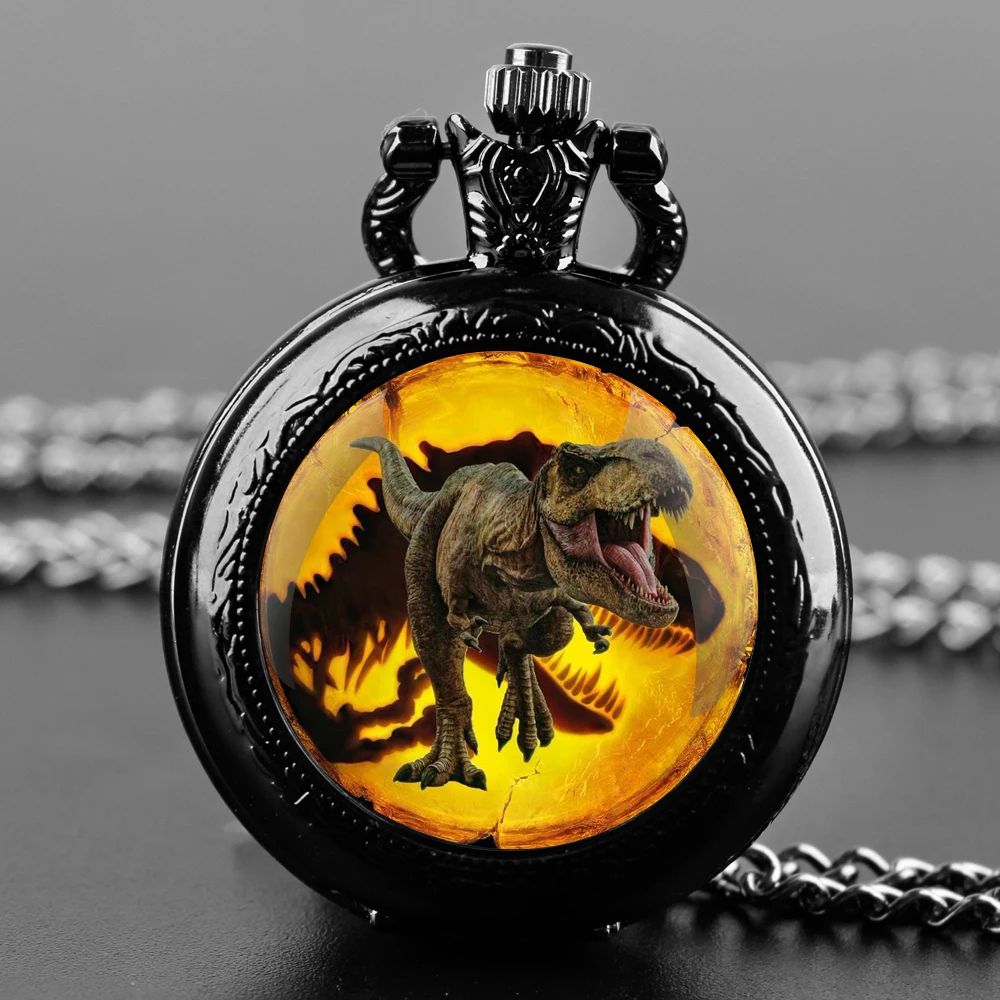 Dinosaur Glass Dome Quartz Pocket Watch With Durable Chain Arabic Numeral Dial Halloween Gifts for Men Women Kids