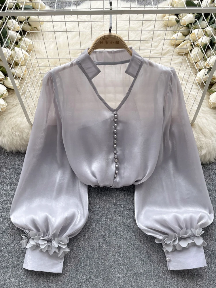 Hikigawa Chic Fashion Women French Vintage Gauze Thin Translucent Sexy Blouse Solid V Neck Long Sleeve Satin Shirt Tops Mujer