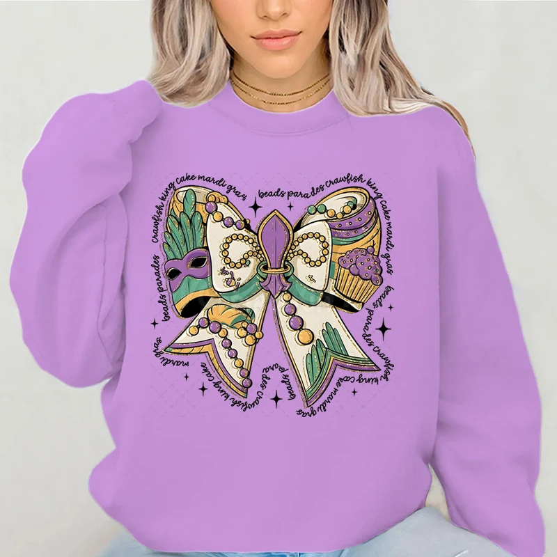 Mardi Gras Vibes Classic Sweatshirt Jumper Fat Tuesday Essential Sweater Mardi Gras Coquette Bow Graphic Sweatshirts for Women