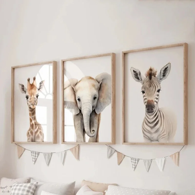 Modern Zoo Elephant Giraffe Canvas Prints Set of Three Animal Wall Art Poster Picture for Children\'s Room Bedroom Decor Cuadros