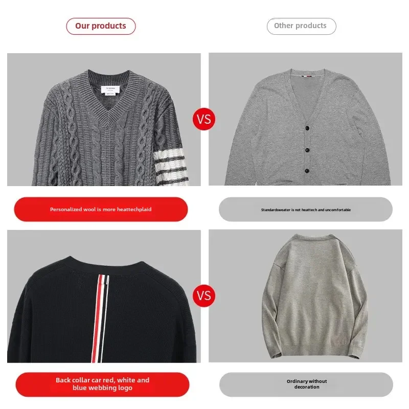 

New Tb Browin Walf Checks Sweater Red White Blue Stripes Cardigan Knitted Top Base Jacket Casual V-neck Standard Wool Pullover