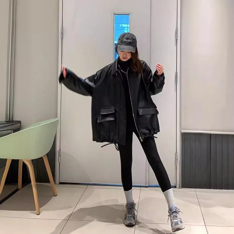 Streetwear Zwart PU Lederen Jassen En Jacks Vrouwen Pocket Lange Mouw Y2K Gothic Herfst Lente Dames Jassen Bovenkleding