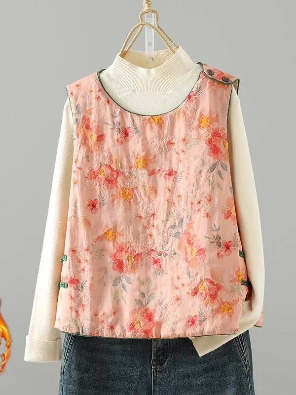 

New Chinese Sle Artistic Printed Side Buttoned Cotton Vest Women's Winter round Ne Layerable Warm Cotton Jaet