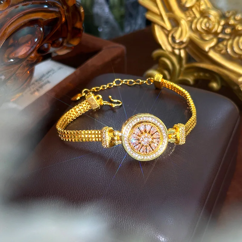 24k Gold 9999 Light Luxury Diamond-Encrusted Rotatable Pink Zircon Compass Watch Bracelet for Women gold Fashionable