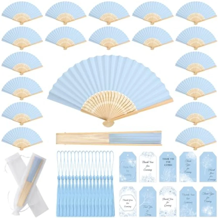 

Marsui 100 Set Folding Fans Wedding Fans Bamboo Hand Held Sandalwood Fans with Thank You Cards, Tassels and Gift Bags for Weddi