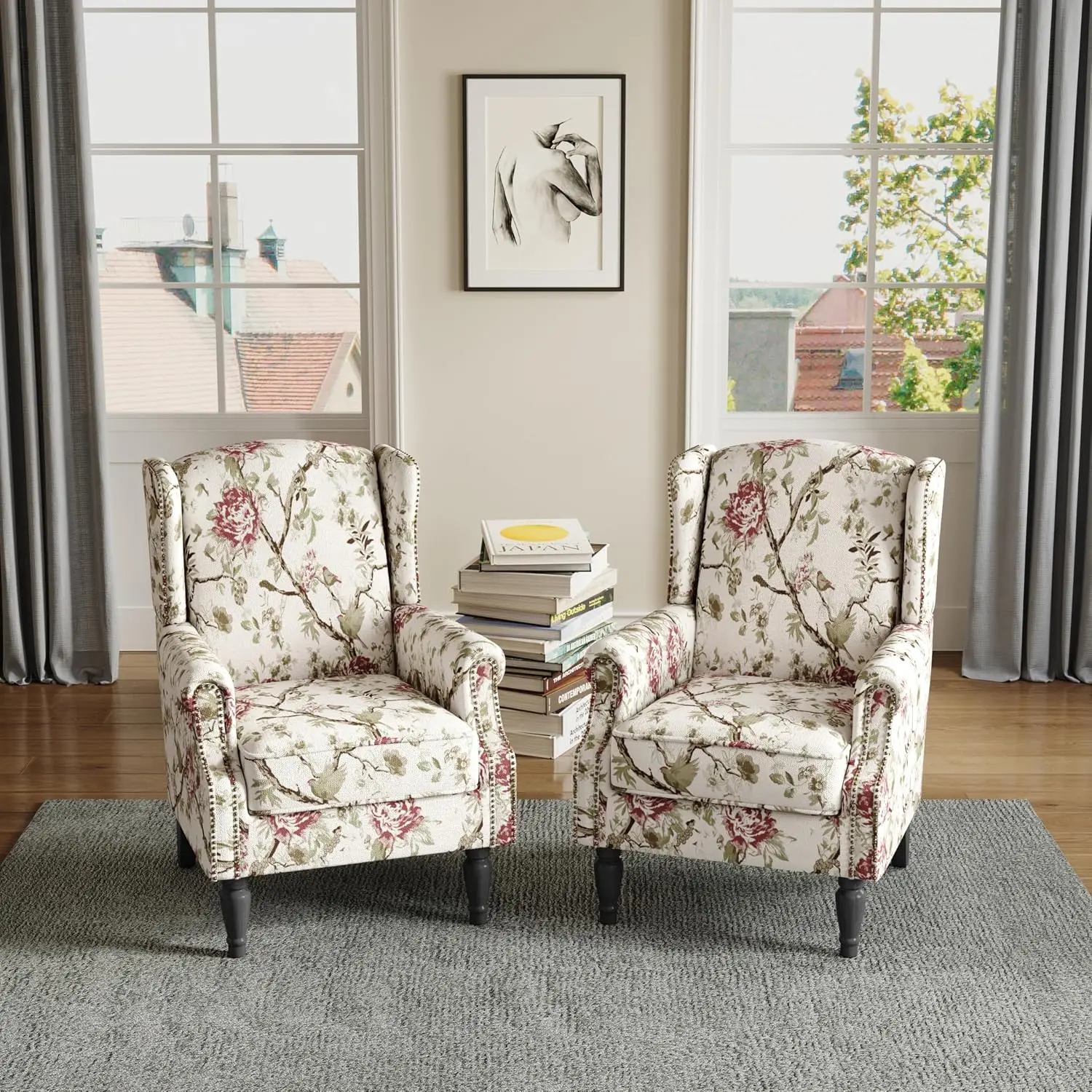 Wingback Accent Chair 2pcs High Back Floral Fabric Armchair Comfy Reading Sofa Wood Legs Living Room Bedroom Office, Customized
