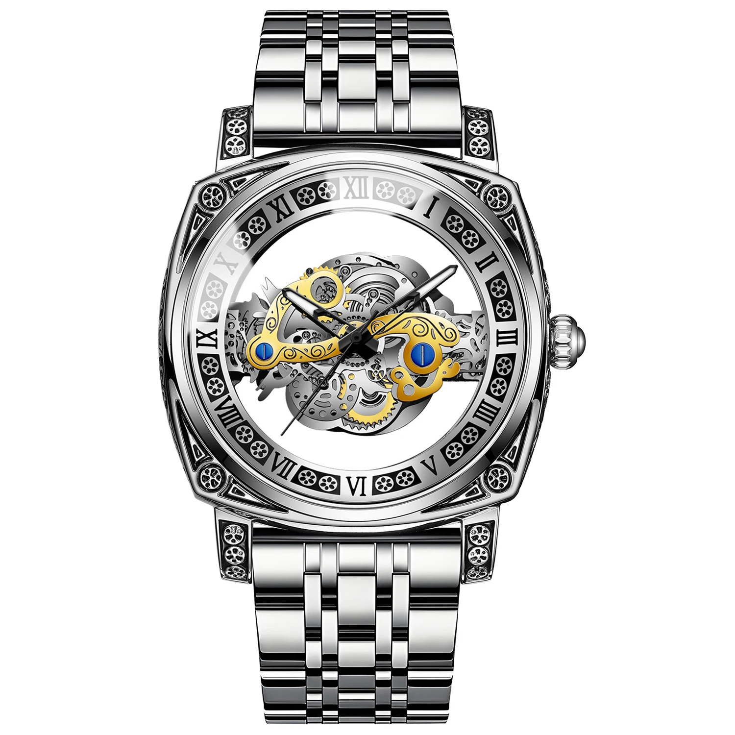 メンズ腕時計スポーツレトロ彫刻本革ステンレス鋼トゥールビヨン防水中空男性ファッションクォーツ時計ギフト