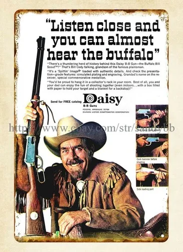 wall decor accessories Daisy Buffalo Bill Cody 1970 old toy ads metal tin sign