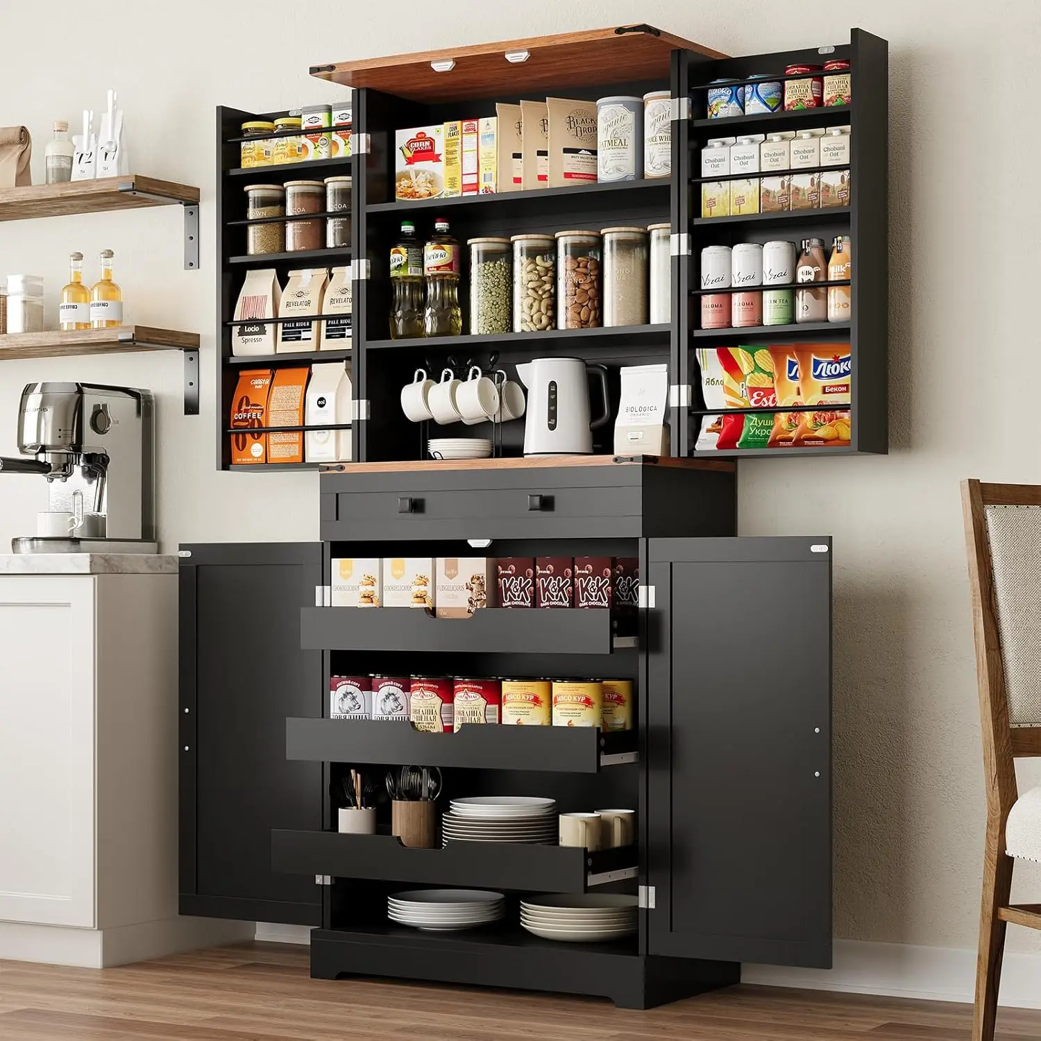 

Высокий кухонный шкаф-комод 72 дюйма, черный, в стиле фермерский дом, с выдвижным ящиком, выдвижной полкой и полкой на дверце для специй, на заказ