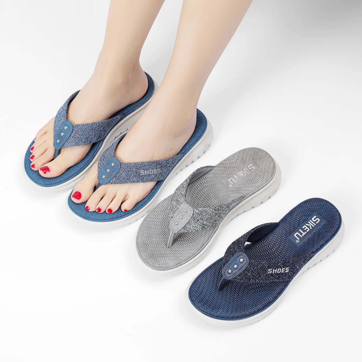 SIKETU Brand Summer Fashion Simple Flip Flops Women Wedge Clip Toe Shoes Leisure Slides Blue Lightweight Comfortable Waterproof