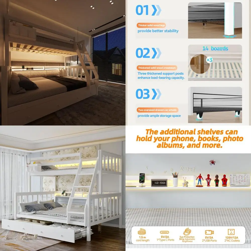 

Двухъярусная кровать из массива дерева с зарядной станцией, светодиодной подсветкой, выдвижными ящиками для хранения, защитным ограждением и лестницей для детей и взрослых