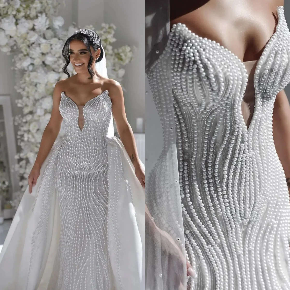 

Luxurious Lace Pearl Women's Wedding Dress Sexy V-Neck Strapless Detachable Skirt Mermaid Bride Dress Robe De Mariée Customized