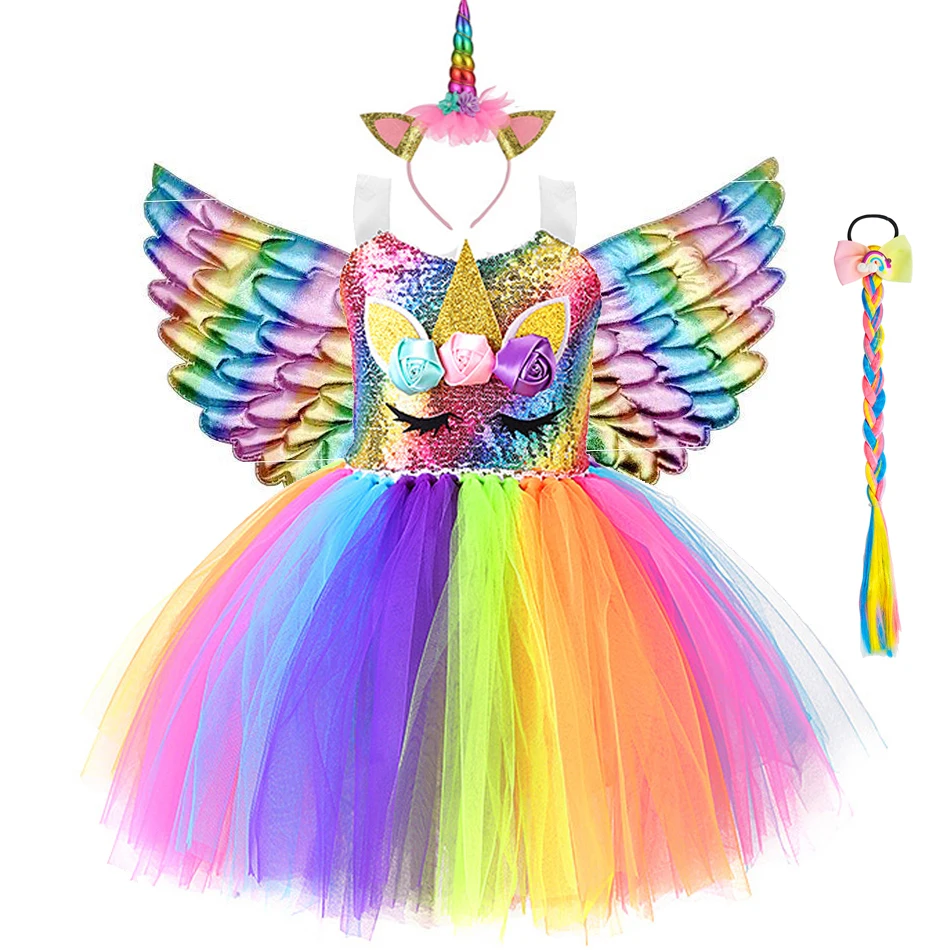 Girls Unicorn TUTU Princess Dress Shiny Children Cartoon Clothes with LED Glowing Wings Headband Stage Halloween Party Costume