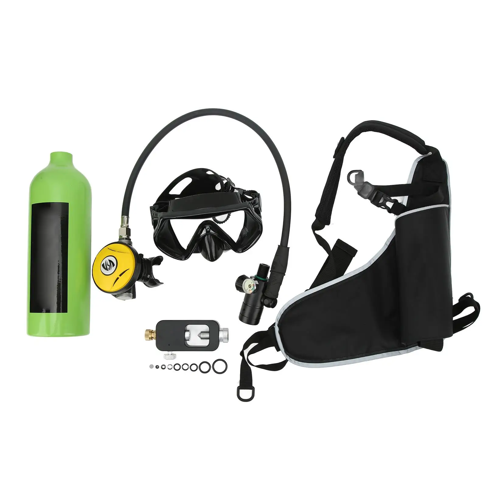 Kit de cilindro de oxigênio para mini tanque de mergulho de 1L com óculos, alça, bolsa e adaptador - Essentials de mergulho