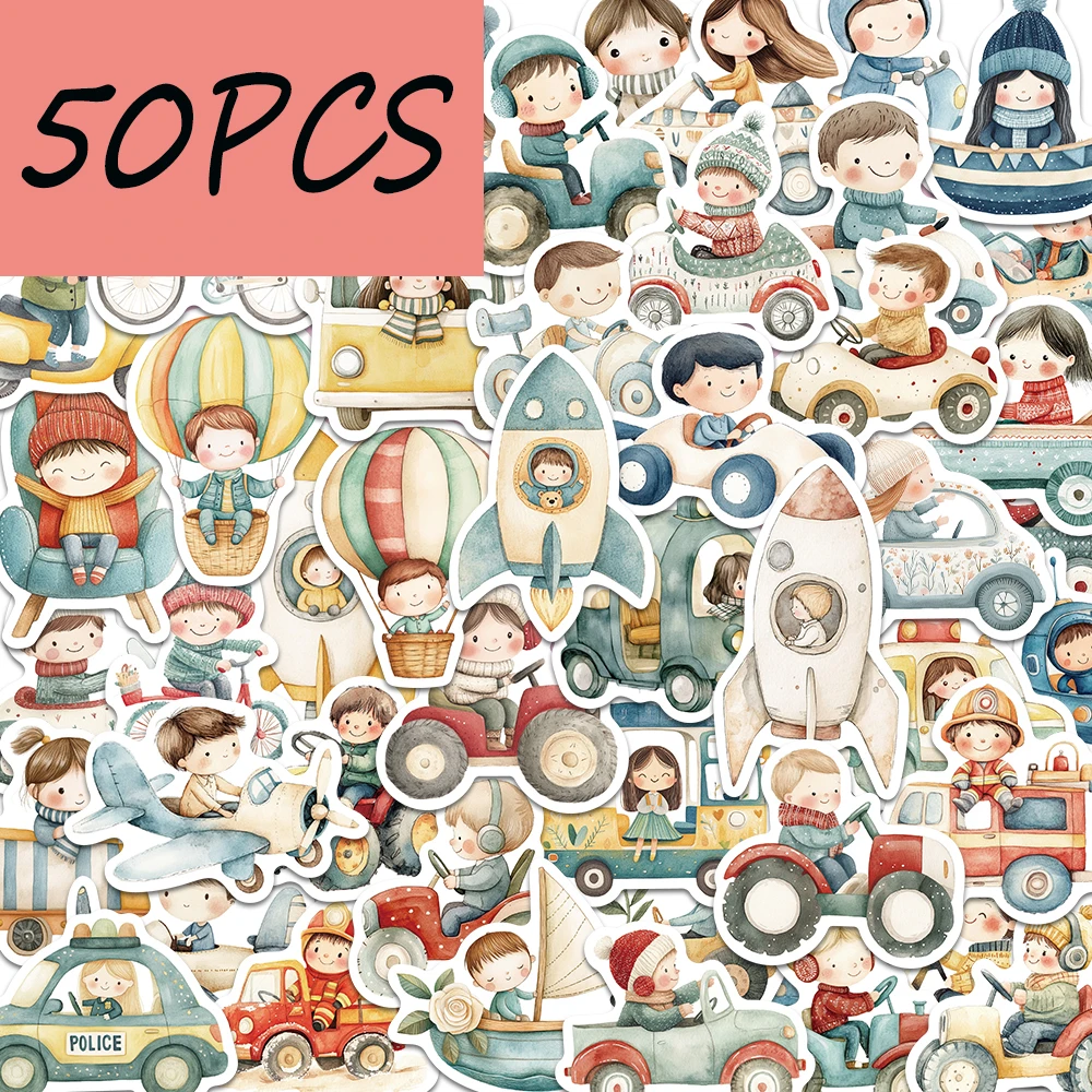 50PCS cartoon transportation stickers, suitable for decorating mobile phones, helmets, guitars, waterproof stickers