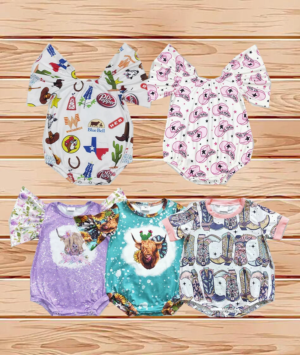 

3.29 Wholesale western boutique onesies Newborn toddler Sibling Baby Girls Western Flutter Sleeve Rompers