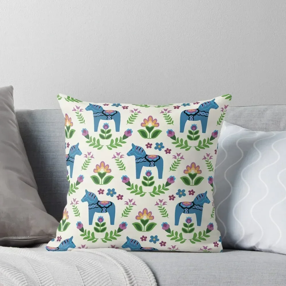 

Swedish Dala Horses Blue Throw Pillow Luxury Pillow Cover New year Ornamental Pillow Cushions For Sofa