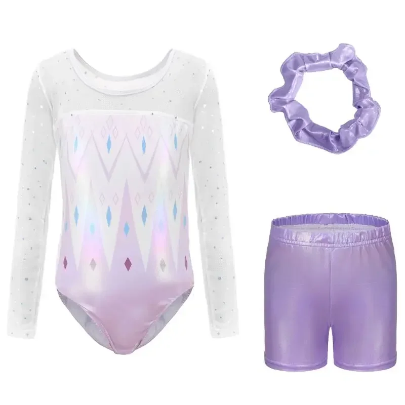 

Children Girls Ballet Dance Leotard Set Set Sleeveless Long sleeved Sparkly Tumbling Bodysuit With Shorts And Headband
