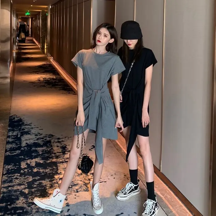 Ele Summer Dr T-shirt femme Dr taille amincissante Design ort Sve jupe moulante ronde Ne une pièce couleur Pure