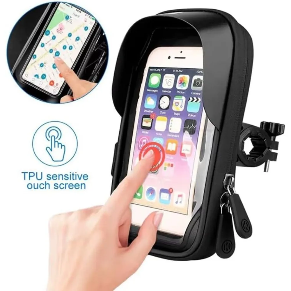 

Bicycle Waterproof Phone Holder Stand 360° Rotate Touchscreen Zipper Handlebar Bag Sun Visor Rain Cover Motorbike Scooter Scooty