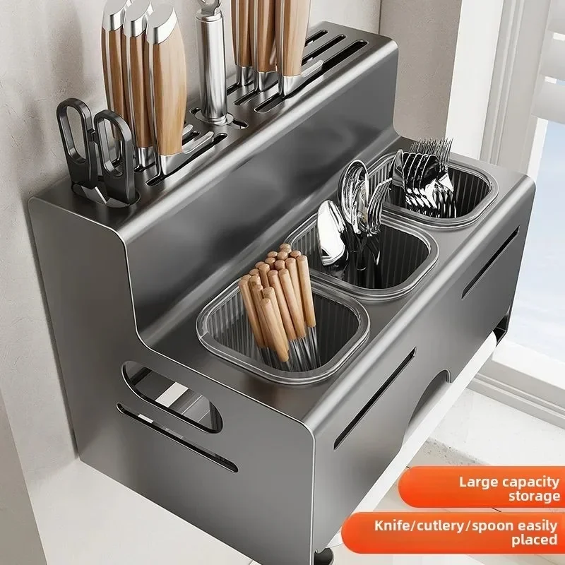 Multifunctional Wall Mounted Punch Free Kitchen Knife Storage Rack Integrated Chopstick Holder Utensil Organizer