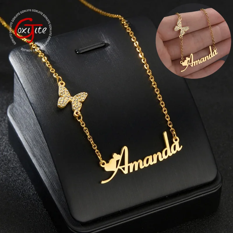 Goxijite Personalized Name Shiny Butterfly Necklace For Women Girls Stainless Steel Custom Letter Stone Necklaces Jewelry Gift