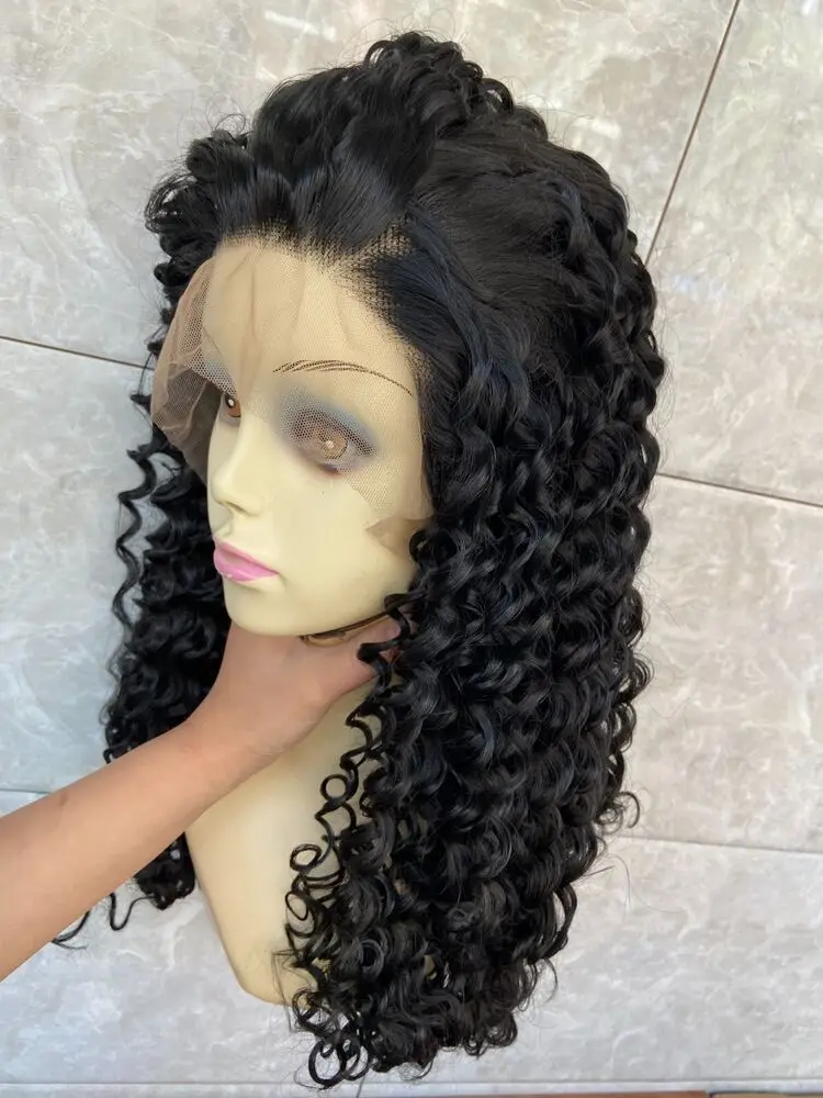 Long Black Kinky Curly Full Lace Front Human Hair Blend Heat Women Wigs