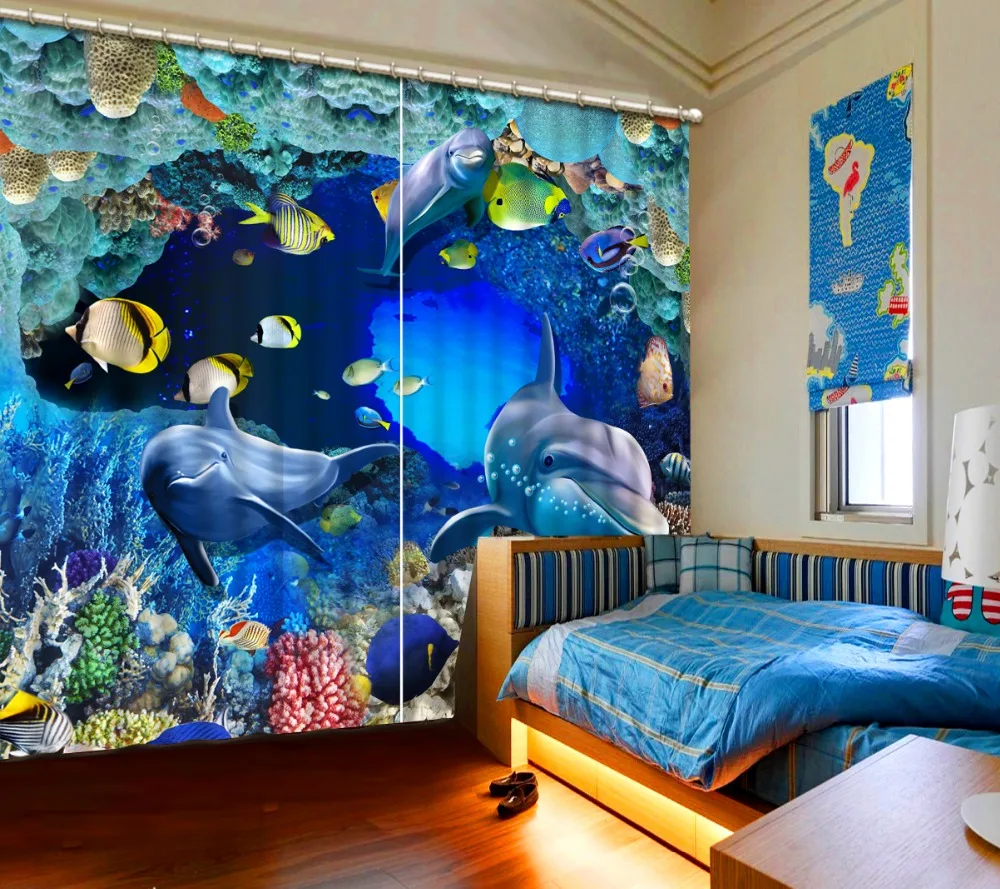 Top Classic 3D European Style Luxury European Modern Ocean Dolphin Kids Bedroom Curtains