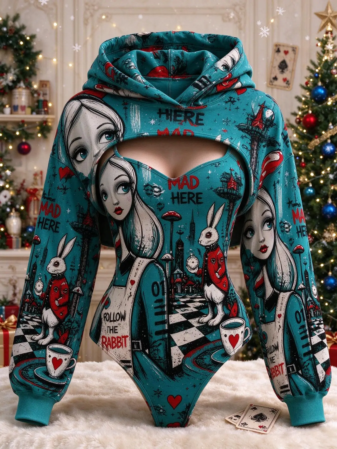 Women 2Pcs Alice Wonderland Cartoon Print Bodysuit + Hooded Shrug Xmas Costume