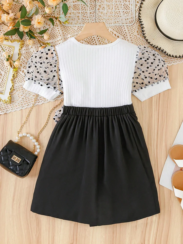 Spring And Summer Women's And Children's Polka Dot Lace Lantern Sleeve Top&Bow Decoration Half Skirt Two-Piece Set