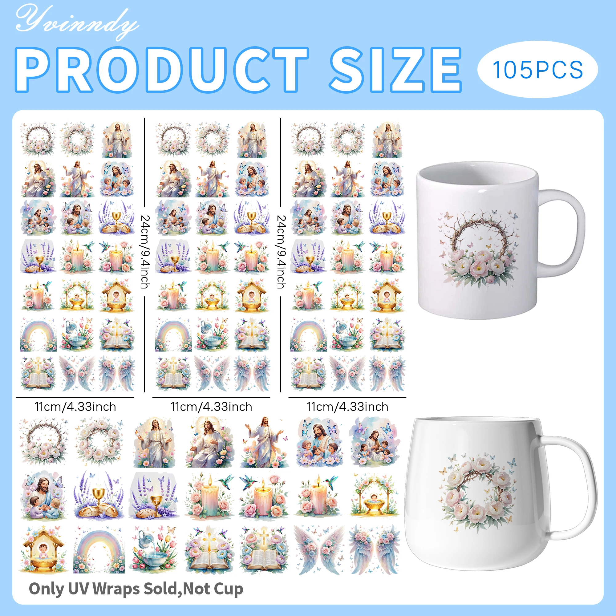 105Pcs/Set Jesus Faith in Floral Decorations Transfer Sticker DIY Craft Kits with Crystal Label 16oz Glass Jars Wrap Stickers