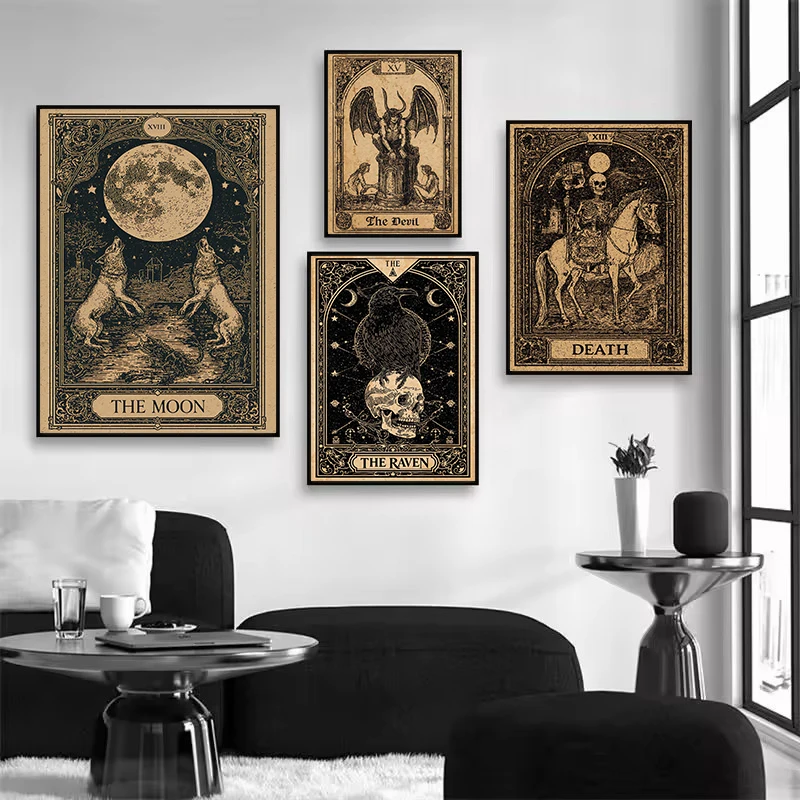 Vintage Dark Academia Tarot Card Death The Raven Occult Poster and Printed Canvas Painting Wall Art Pictures Home Decor