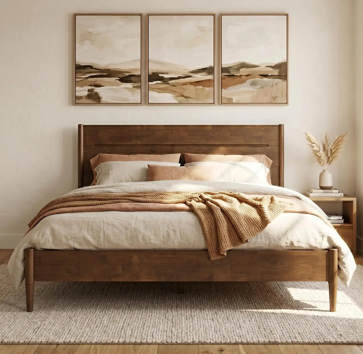 Solid Wood Platform Bed Full with Headboard, Walnut Finish, Customized