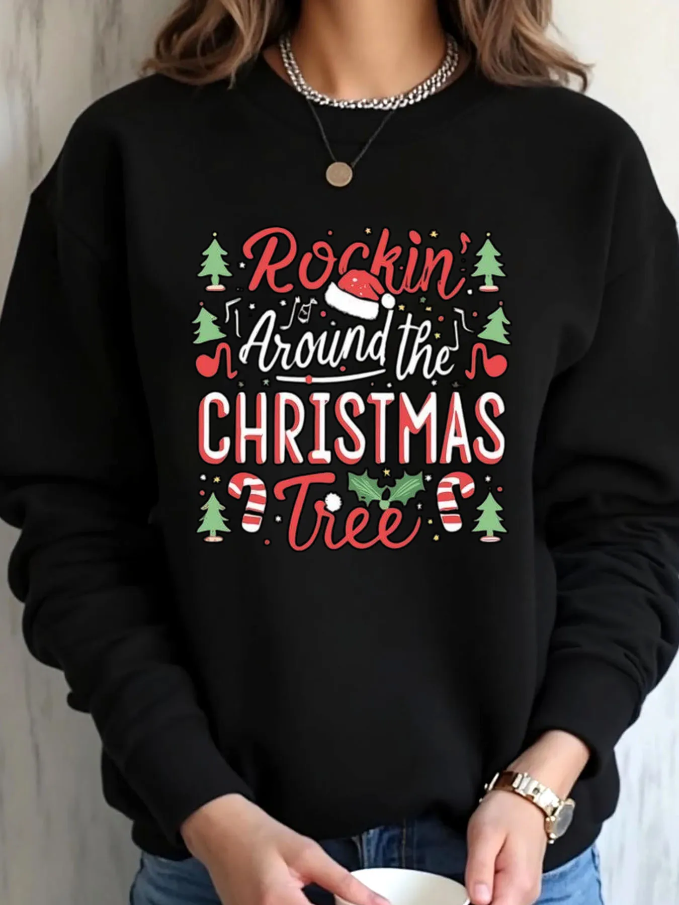 

Женская толстовка большого размера с рождественским принтом Рокин вокруг рождественской елки, верхняя одежда