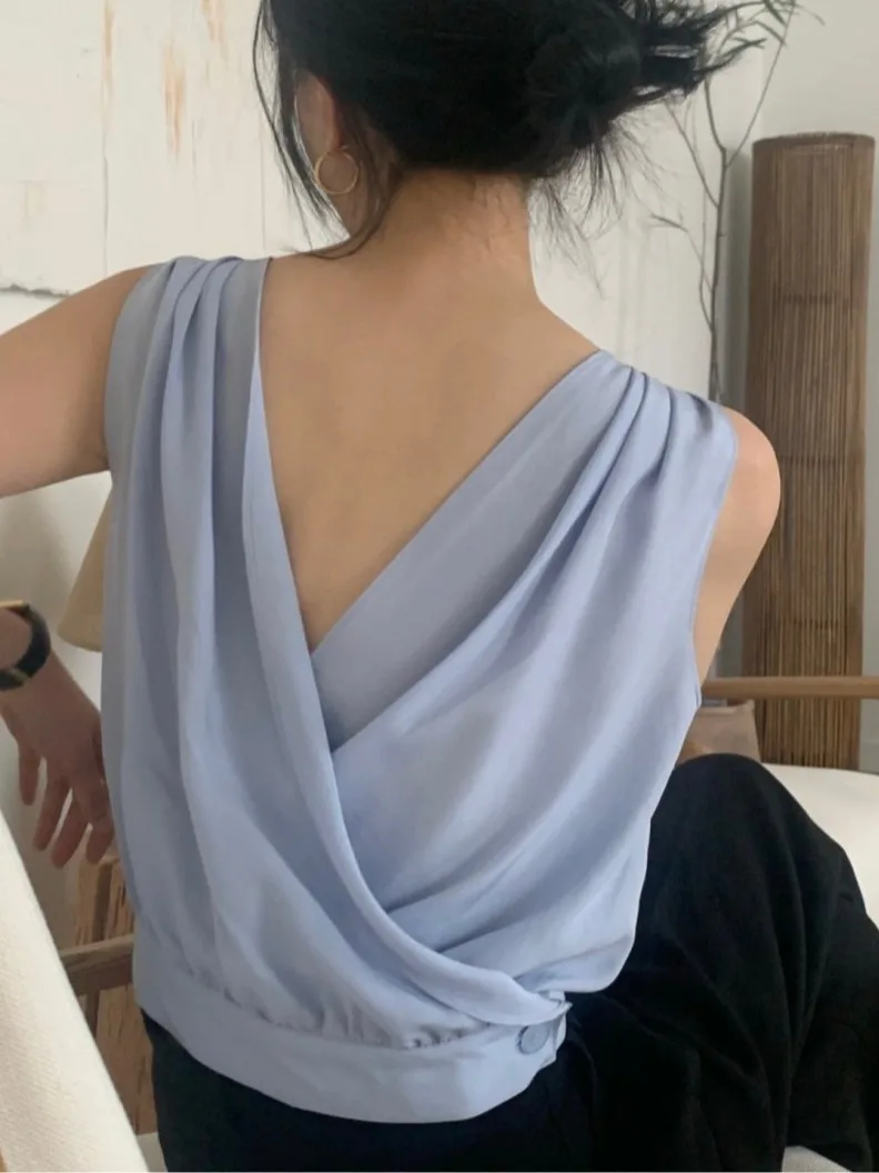 

Ele Bal V-Ne Pleated Loose Svel Vest irt Chic Summer Design Crossed Design Pure Color Thin Polyester Fiber