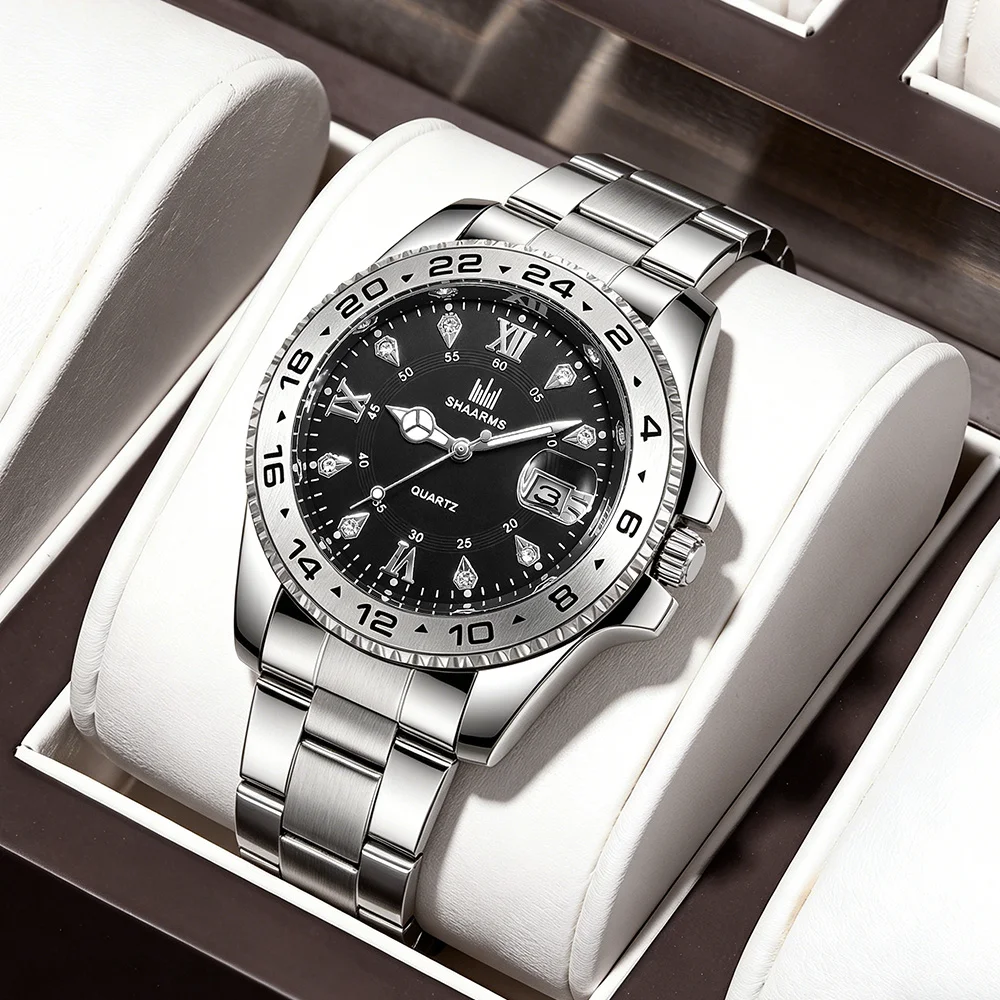 Men's Steel Strap Calendar Quartz Watch, Round Case, Electronic Movement, Casual and Fashionable Business Style, Men's Gift