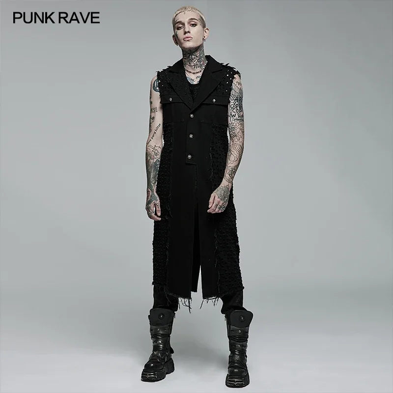 PUNK RAVE Men's Punk Old Medium Length Sleeveless Vest Non-elastic Woven Fashion Casual Handsome Men Jacket  Four Seasons