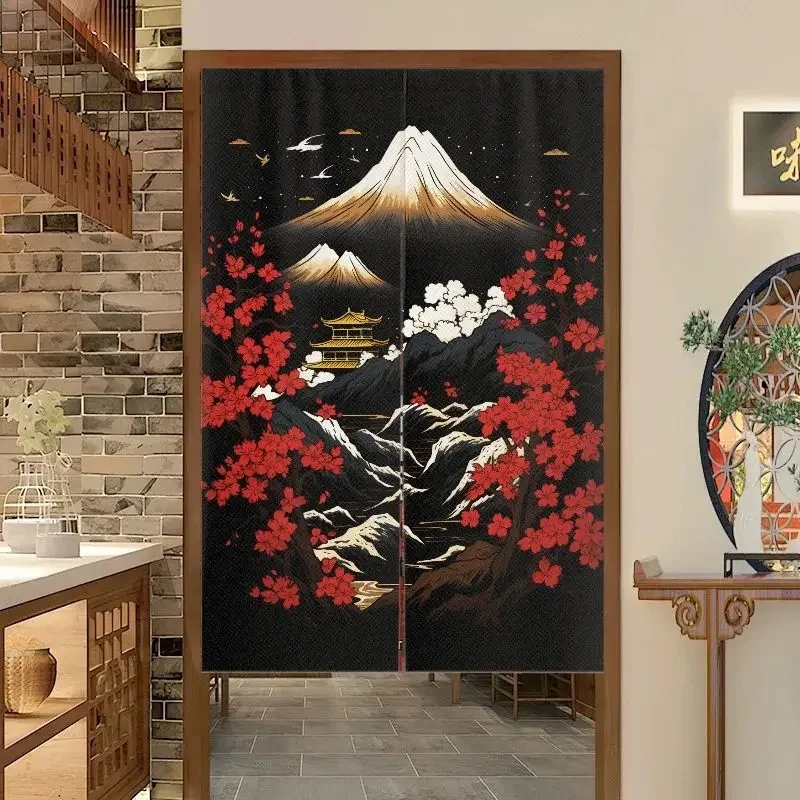 VIKAMA Japanese Pagoda Noren Door Curtain Red Sunset Temple Silhouette Art Print Fabric Home Room Partition Decor