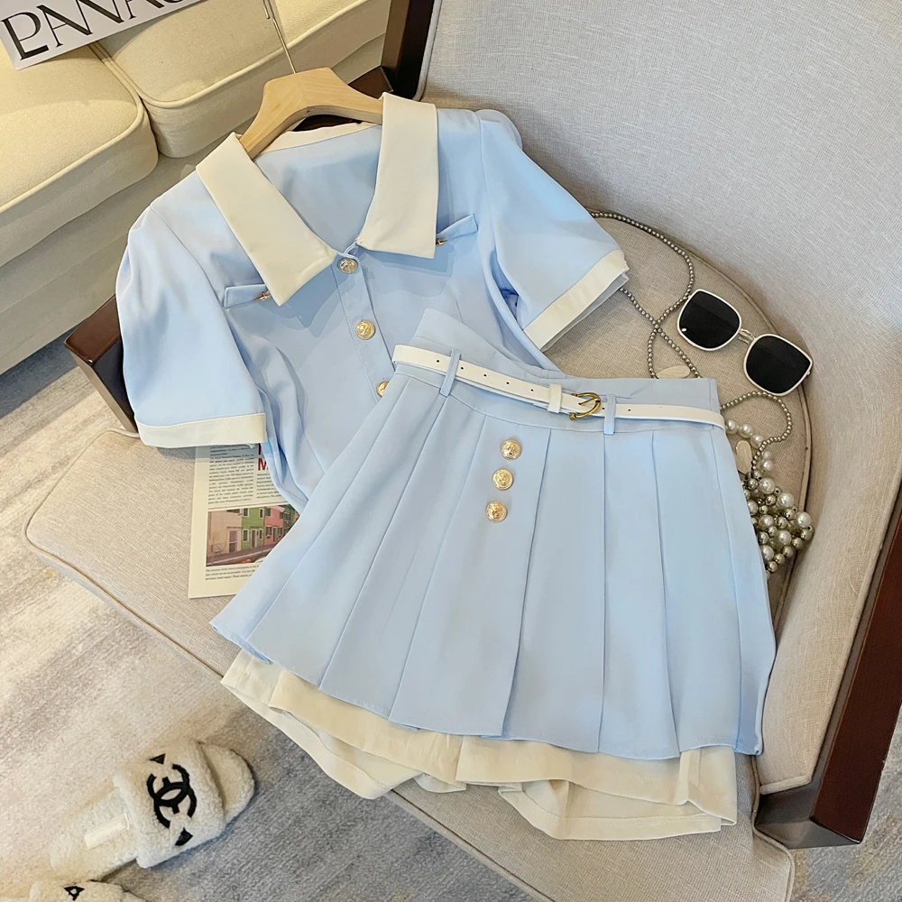 2023 New Women\'s Fashion blue Suit Split Shirt and Shorts skirt Summer Casual Ladies Office Workt Two-piece Suit Set clothing