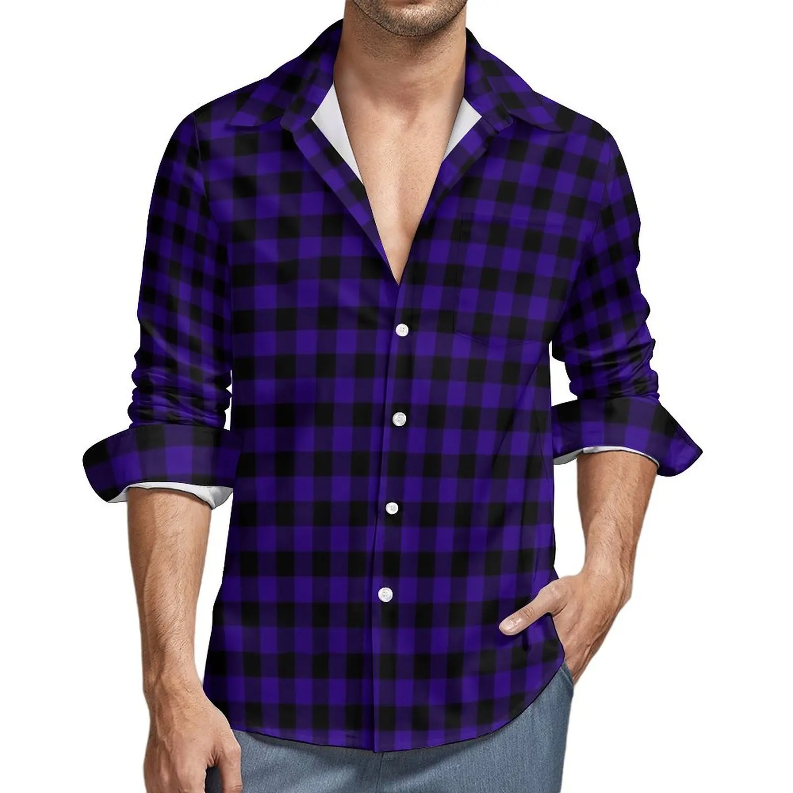 Black Purple Blue Plaid Casual Shirts Checkered Print Retro Shirt Spring Fashion Oversized Blouse Men Long Sleeve Top Gift